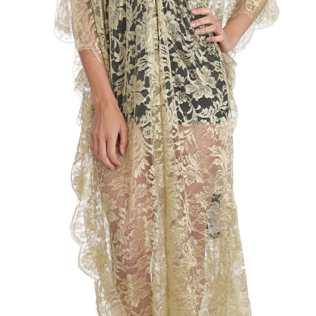Dolce & Gabbana Gold Floral Lace Crystal Gown Cape Dress