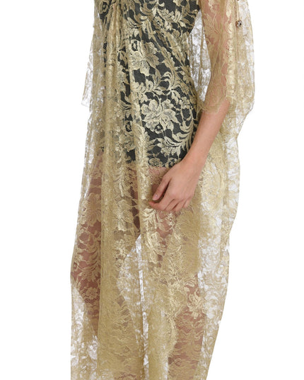 Dolce & Gabbana Gold Floral Lace Crystal Gown Cape Dress