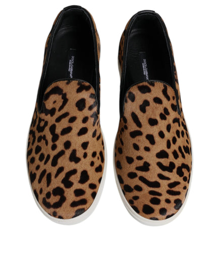 Dolce & Gabbana Brown Calfskin Fur Leopard Sneakers Shoes