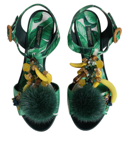 Dolce & Gabbana Green Crystal Fur Embellished Sandals Shoes