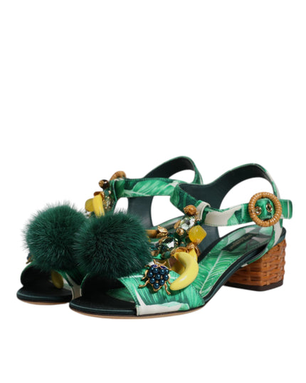 Dolce & Gabbana Green Crystal Fur Embellished Sandals Shoes
