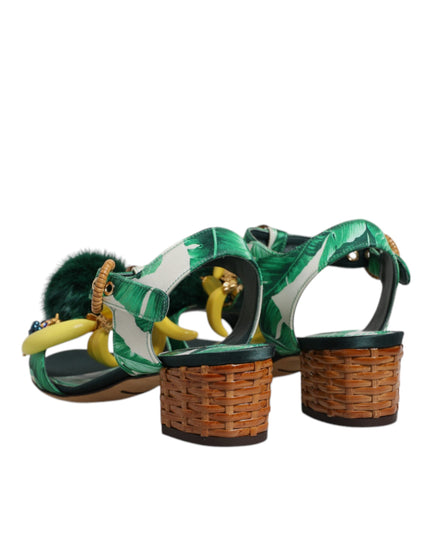 Dolce & Gabbana Green Crystal Fur Embellished Sandals Shoes