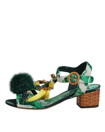 Dolce & Gabbana Green Crystal Fur Embellished Sandals Shoes