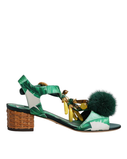Dolce & Gabbana Green Crystal Fur Embellished Sandals Shoes