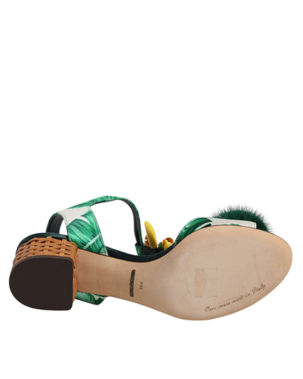 Dolce & Gabbana Green Crystal Fur Embellished Sandals Shoes