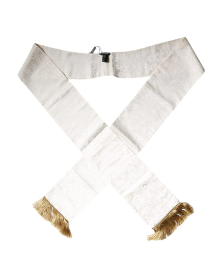 Dolce & Gabbana White Floral Jacquard Skinny Fringes Scarf