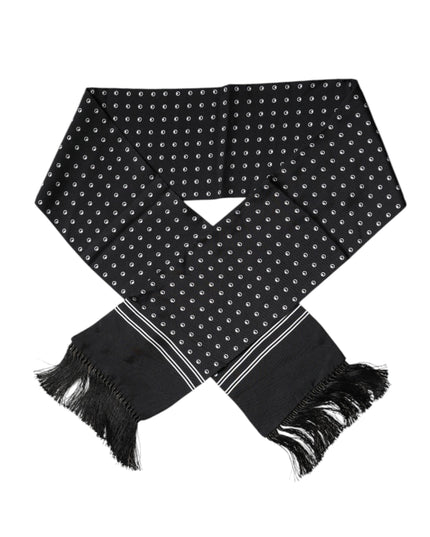 Dolce & Gabbana Black White Polka Dotted Silk Skinny Fringes Scarf