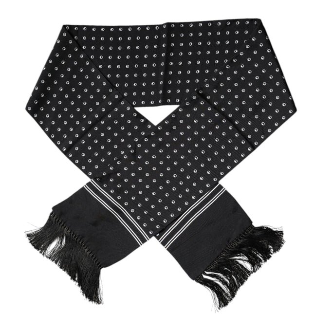 Dolce & Gabbana Black White Polka Dotted Silk Skinny Fringes Scarf
