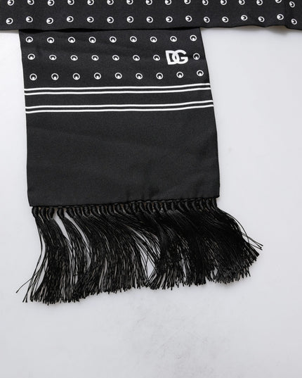 Dolce & Gabbana Black White Polka Dotted Silk Skinny Fringes Scarf