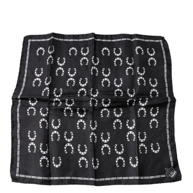 Dolce & Gabbana Black Horseshoe Silk Square Handkerchief Scarf