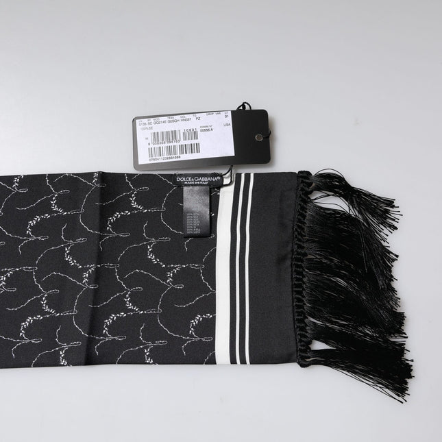 Dolce & Gabbana Black Patterned Skinny Fringes Shawl Scarf