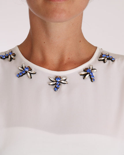 Dolce & Gabbana White Silk Crystal Embellished Fly T-shirt