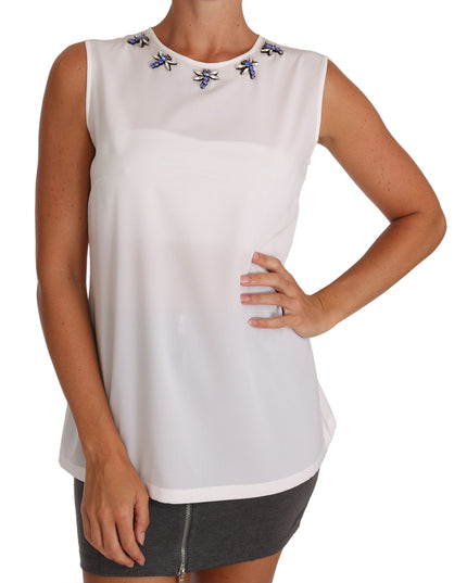 Dolce & Gabbana White Silk Crystal Embellished Fly T-shirt
