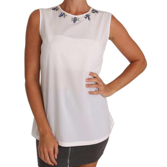 Dolce & Gabbana White Silk Crystal Embellished Fly T-shirt