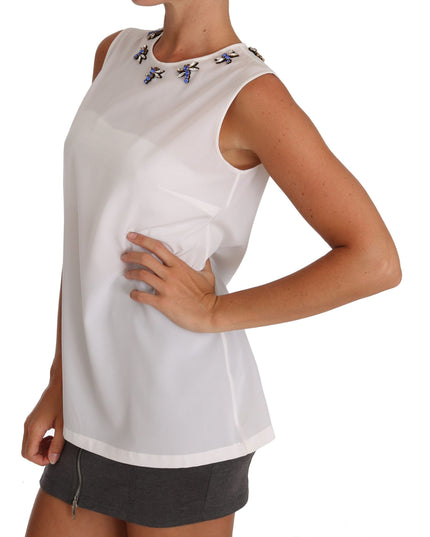 Dolce & Gabbana White Silk Crystal Embellished Fly T-shirt