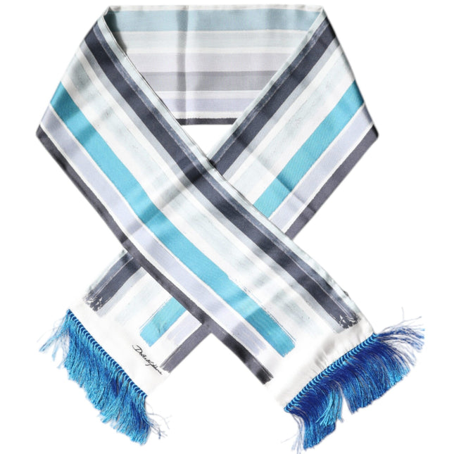 Dolce & Gabbana White Blue Stripes Silk Fringes Wrap Scarf