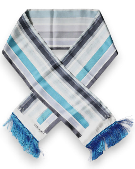 Dolce & Gabbana White Blue Stripes Silk Fringes Wrap Scarf
