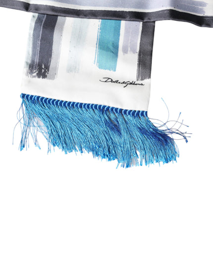 Dolce & Gabbana White Blue Stripes Silk Fringes Wrap Scarf