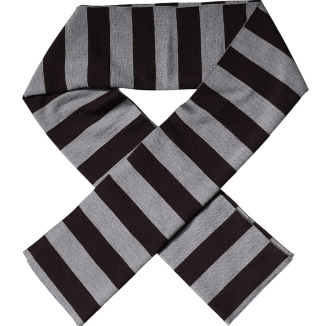 Dolce & Gabbana Black Gray Stripes Wool Neck Wrap Scarf