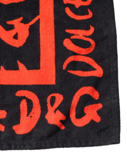 Dolce & Gabbana Black Red Logo Print Cotton Beach Towel