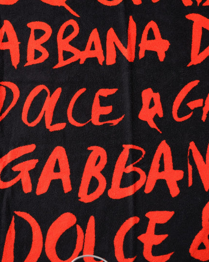 Dolce & Gabbana Black Red Logo Print Cotton Beach Towel