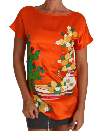 Dolce & Gabbana Silk Orange Lemon Crystal T-shirt Top