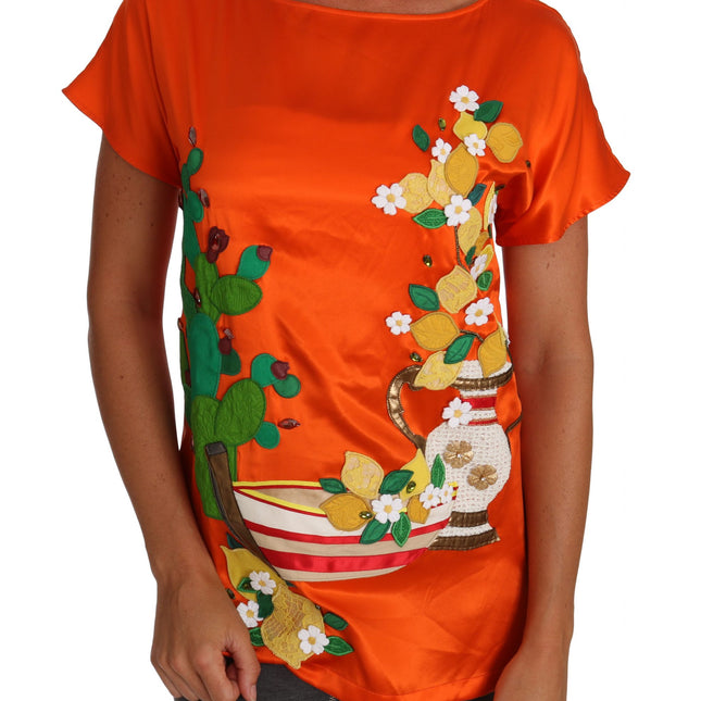 Dolce & Gabbana Silk Orange Lemon Crystal T-shirt Top