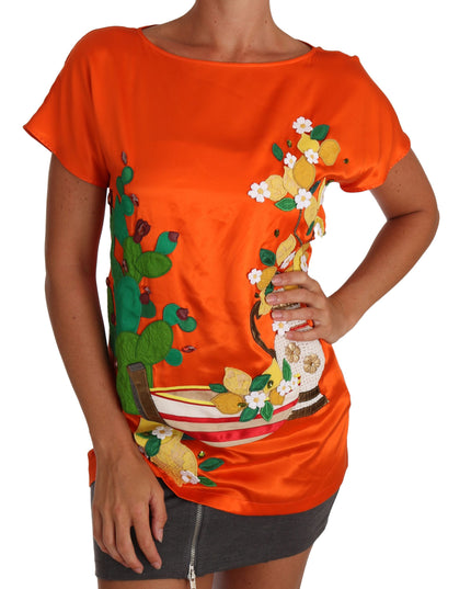 Dolce & Gabbana Silk Orange Lemon Crystal T-shirt Top