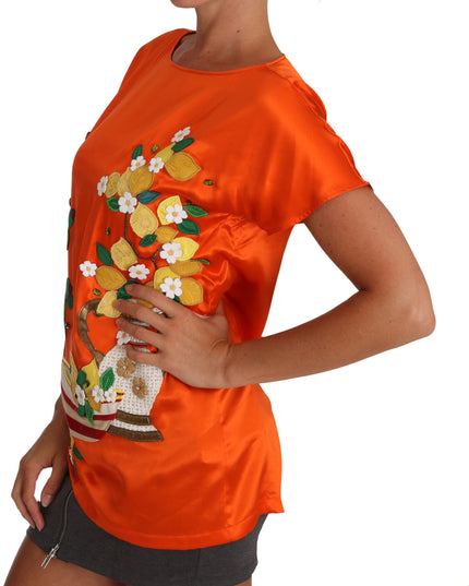 Dolce & Gabbana Silk Orange Lemon Crystal T-shirt Top