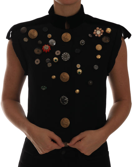 Dolce & Gabbana Black Embellished Floral Military Jacket Vest