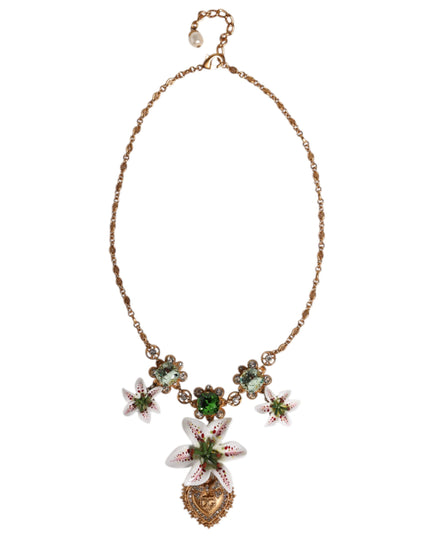 Dolce & Gabbana Gold Brass Lily Crystal Sacred Heart Pendant Necklace