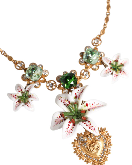 Dolce & Gabbana Gold Brass Lily Crystal Sacred Heart Pendant Necklace