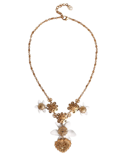 Dolce & Gabbana Gold Brass Lily Crystal Sacred Heart Pendant Necklace