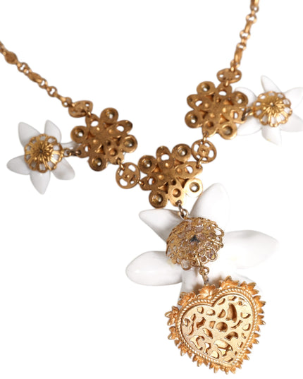 Dolce & Gabbana Gold Brass Lily Crystal Sacred Heart Pendant Necklace