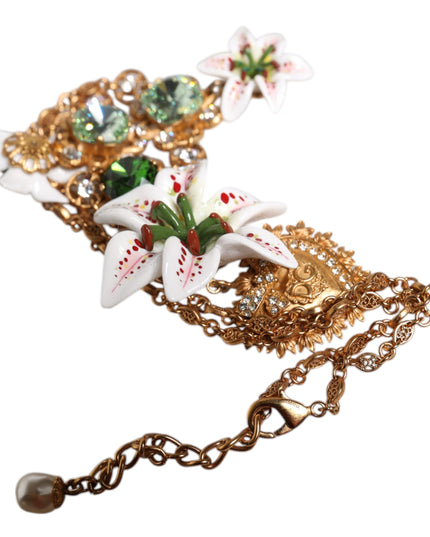 Dolce & Gabbana Gold Brass Lily Crystal Sacred Heart Pendant Necklace