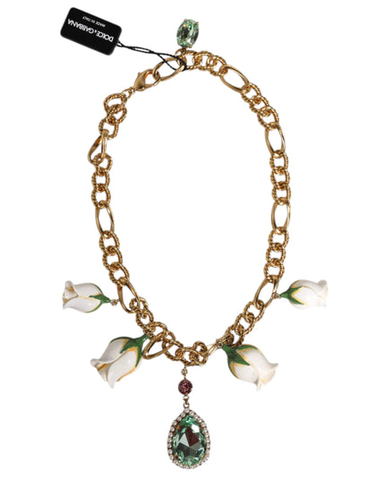 Dolce & Gabbana Gold Brass Short Chain Flower Crystal Pendant Necklace