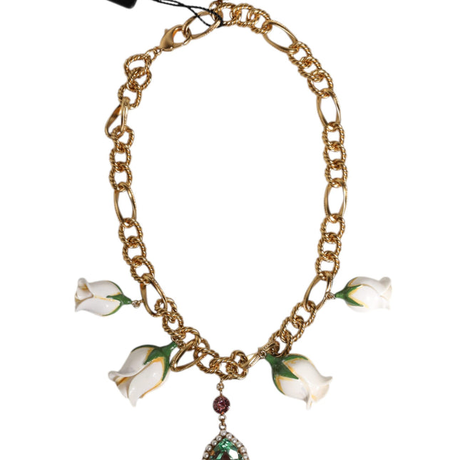 Dolce & Gabbana Gold Brass Short Chain Flower Crystal Pendant Necklace