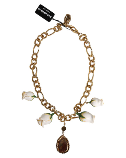 Dolce & Gabbana Gold Brass Short Chain Flower Crystal Pendant Necklace