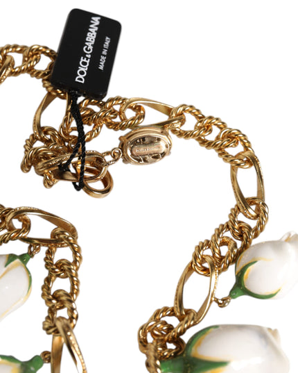 Dolce & Gabbana Gold Brass Short Chain Flower Crystal Pendant Necklace