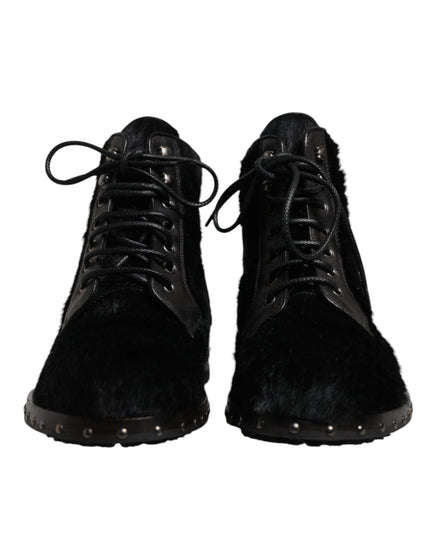 Dolce & Gabbana Black Pony Style Leather Mid Calf Boots Shoes