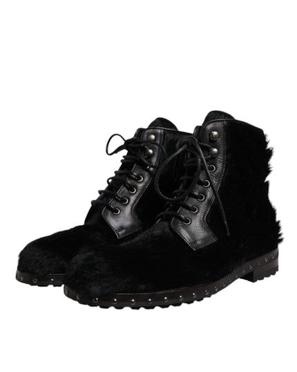 Dolce & Gabbana Black Pony Style Leather Mid Calf Boots Shoes