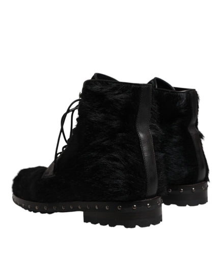 Dolce & Gabbana Black Pony Style Leather Mid Calf Boots Shoes
