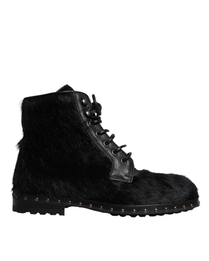 Dolce & Gabbana Black Pony Style Leather Mid Calf Boots Shoes