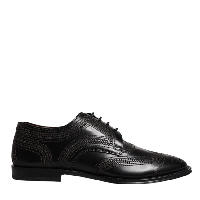 Dolce & Gabbana Black Embroidered Classic Leather Derby Dress Shoes