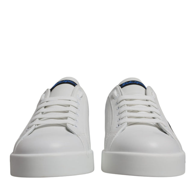 Dolce & Gabbana White Blue Leather Logo Low Top Sneakers Shoes