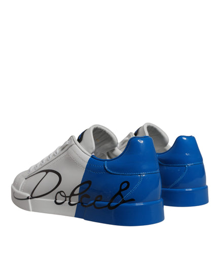 Dolce & Gabbana White Blue Leather Logo Low Top Sneakers Shoes