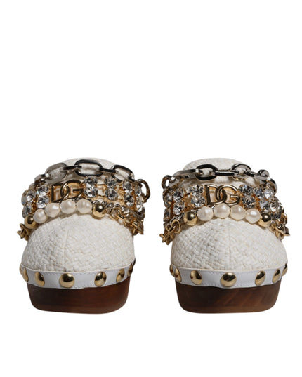 Dolce & Gabbana White Raffia Clogs Bejeweled Chain Sandals Shoes