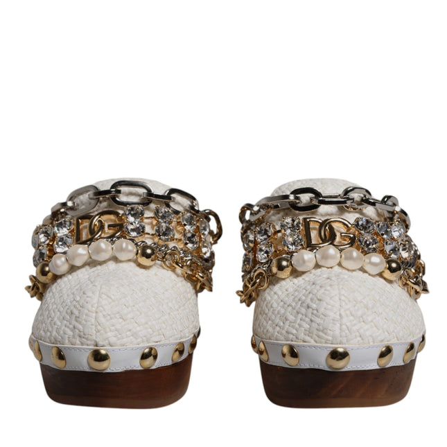 Dolce & Gabbana White Raffia Clogs Bejeweled Chain Sandals Shoes
