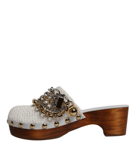 Dolce & Gabbana White Raffia Clogs Bejeweled Chain Sandals Shoes