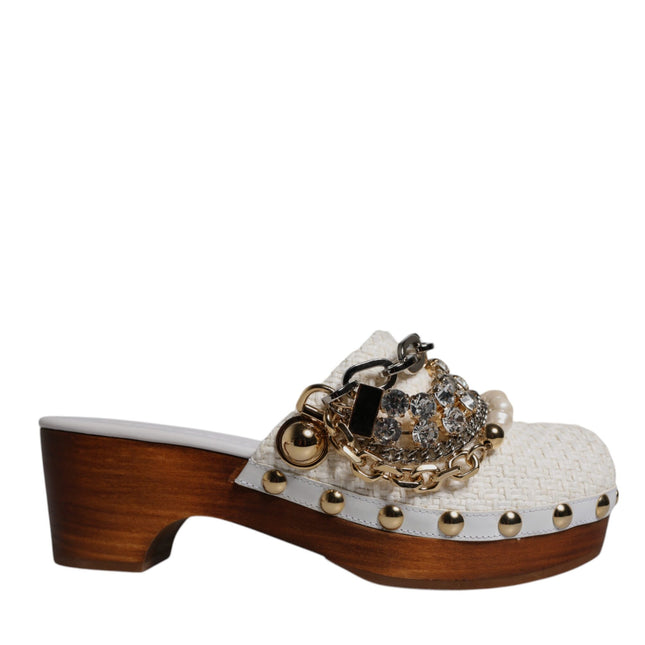 Dolce & Gabbana White Raffia Clogs Bejeweled Chain Sandals Shoes